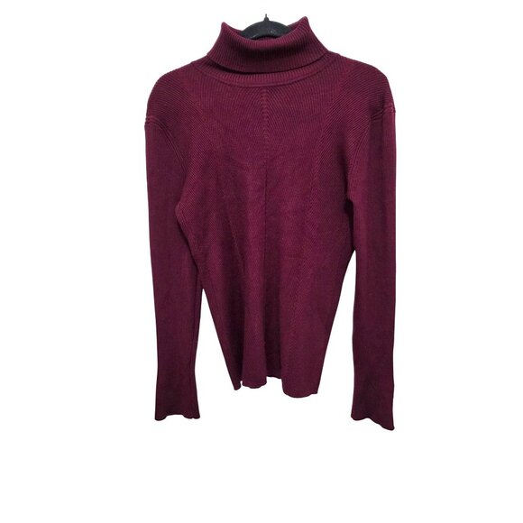 Tahari Burgundy Ribbed Turtleneck Sweater Women's Long Sleeve Gold Button Detail - Picture 1 of 8
